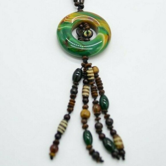 Vintage Jewelry - Green Yellow Brown Swirl Art Glass Medallion Wood
